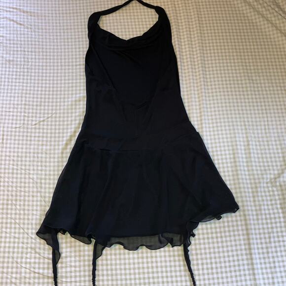 Black ruffle drop waist backless dress with halter cowl top, whimsigoth fairy - Picture 4 of 7
